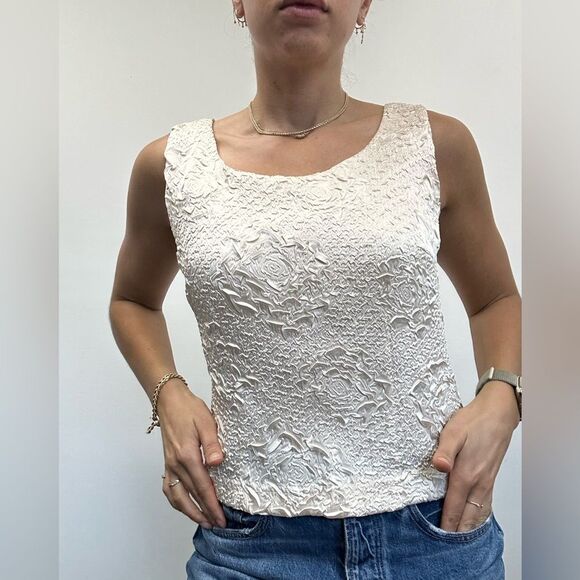 Vintage 90's Cream Satin Crinkle 3D Rose Floral Pattern Tank Camisole Size M - Picture 2 of 10